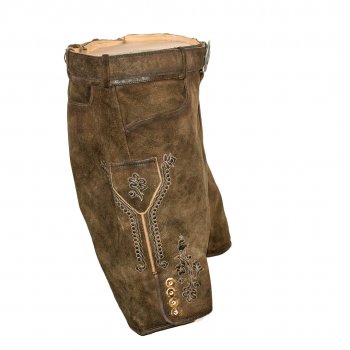 Preview: kurze sportliche Lederhose Trachtenlederhose Plattlerhose bestickt Gürtel mit Bayern Wappen Größe 56